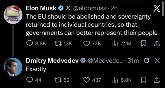Dmitri Medvedev răspunde după ce Elon Musk a solicitat „desființarea” Uniunii Europene: Observația sa pe X
