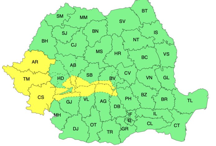 HARTĂ. Avertizări meteorologice pentru condiții meteo severe. Aproape 20 de județe sub alertă galbenă