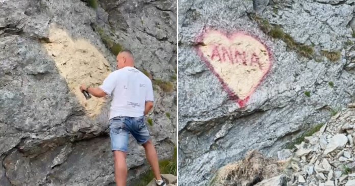 Bărbatul care a „creat” o declarație de dragoste pe o stâncă de pe Transfăgărășan a fost recunoscut.