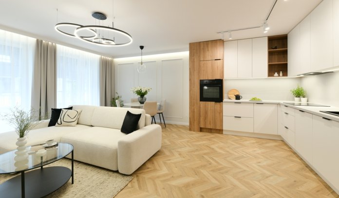 Photo,Of,Elegant,Open-plan,Living,Room,With,Built-in,Kitchen,In